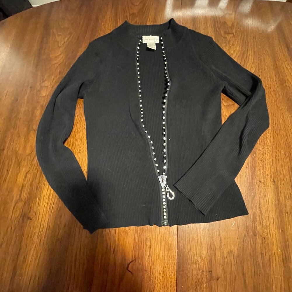 Black Ribbed Zip-Up Cardigan with Rhinestone Trim